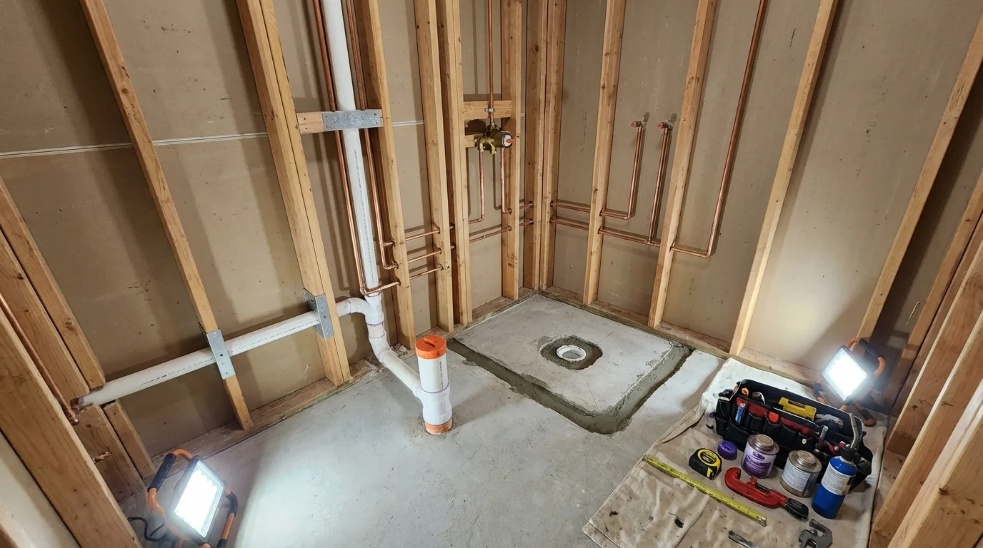 Bathroom rough-in plumbing during remodel by Johns Plumbing LLC in Dewart