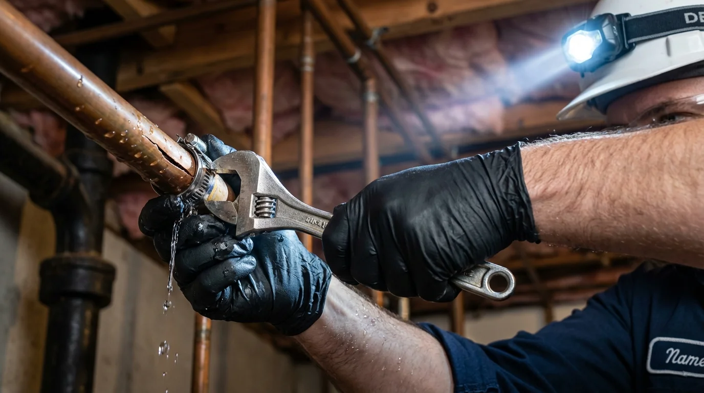 Emergency pipe clamp repair being performed by a Johns Plumbing LLC plumber in Dewart
