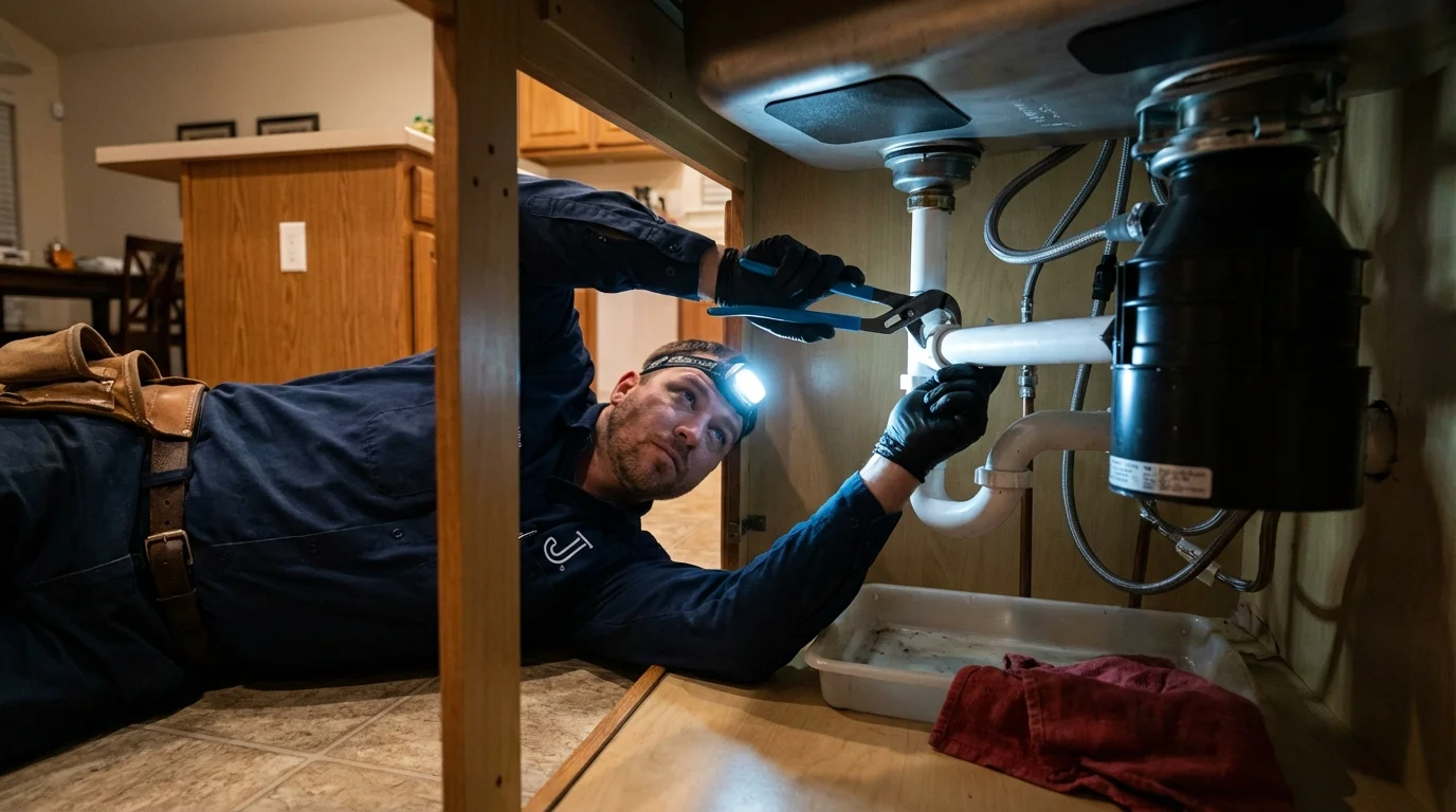 P-trap and supply line connections under a kitchen sink showing a common leak point in Dewart, PA